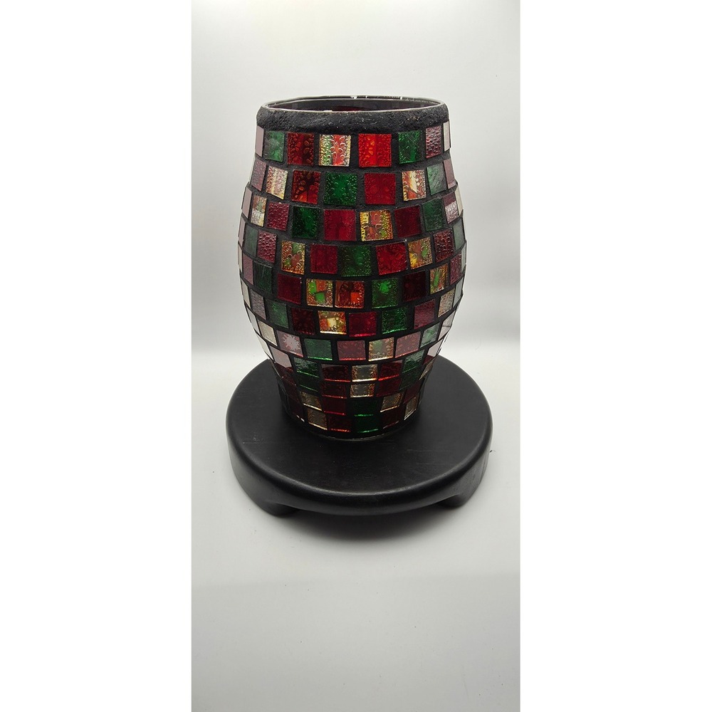 Mosaic Glass Hurricane Vase Candle Holder Red Green Amber Checkered Wood Base